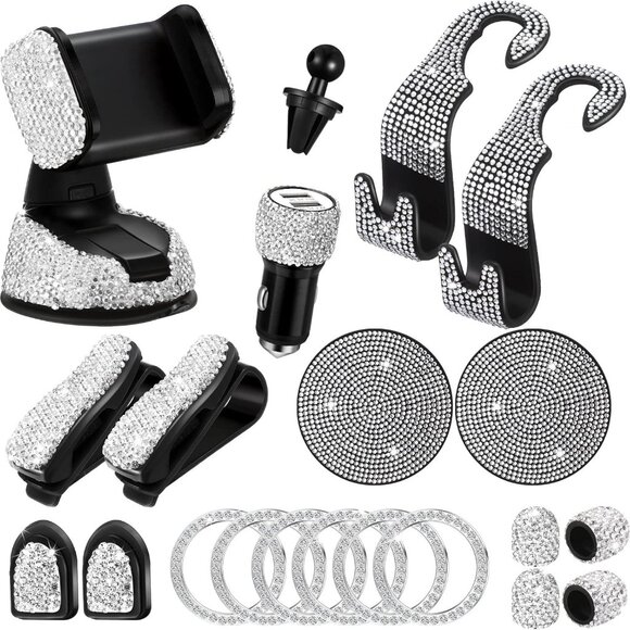 20 Pcs Bling Car Accessories Set - Silver Rhinestone Vehicle Accessories Set - Picture 1 of 7